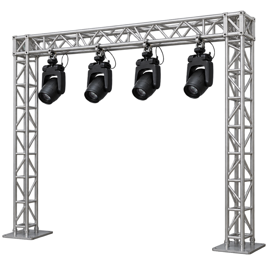 AMPD Audio silver trussing and rigging setup with event lights